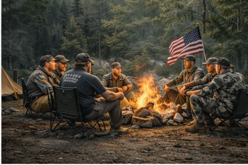 Veterans gathered around a campfire at FOB Greybeard Village with an American flag